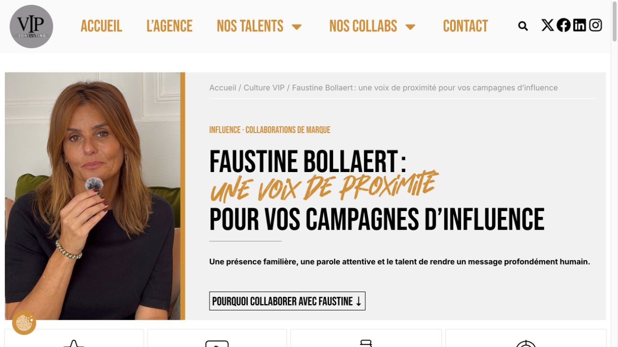 Article consacré à Faustine Bollaert et à l’influence, conçu par Quoala pour VIP-Consulting.