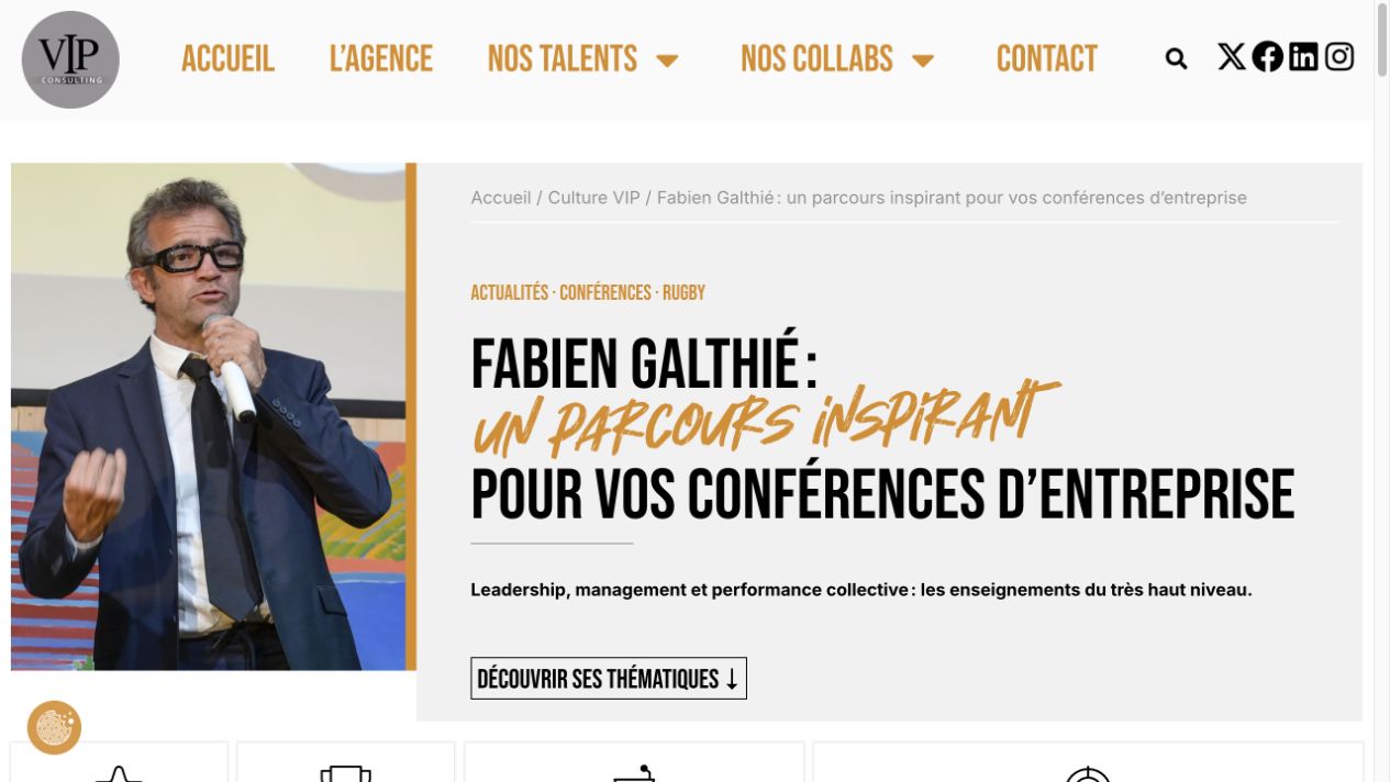 Article consacré aux conférences de Fabien Galthié, conçu par Quoala pour VIP-Consulting.