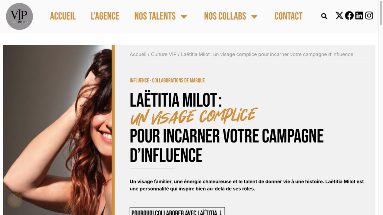 Article consacré à Laëtitia Milot et à l’influence, conçu par Quoala pour VIP-Consulting.
